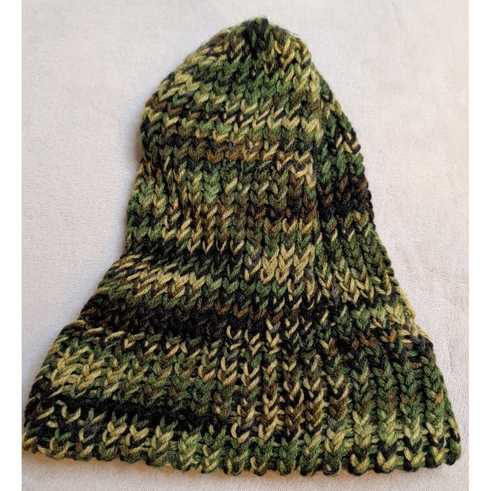 Hand Knit Camo Beanie Hat Green‎ Black Brown Chunky Warm Adult OSFM